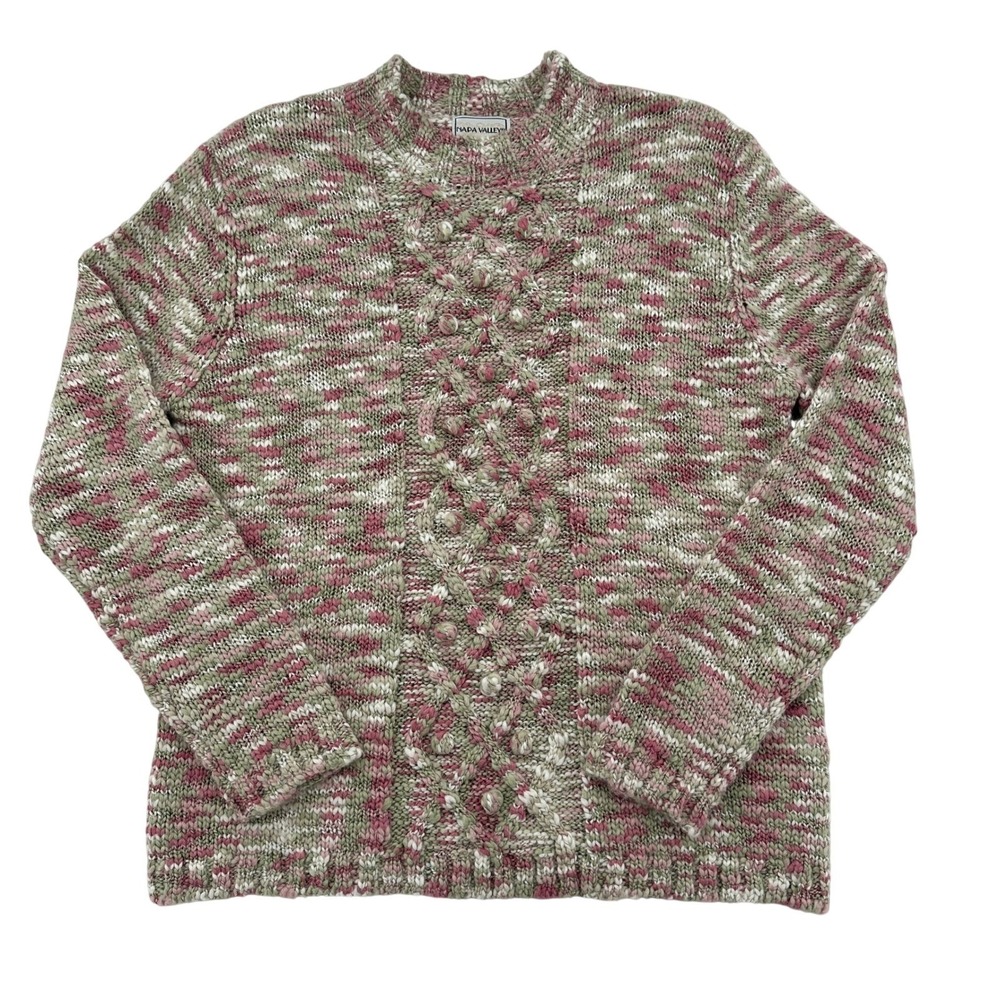 Napa Valley Cottagecore Medium Sweater Cable Knit Pink Green Cream Vintage Cozy